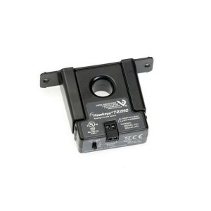 Black square current sensor with central hole, calibration dial and mounting tabs.