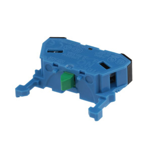 Compact blue plastic contact block with green plunger and two mounting legs