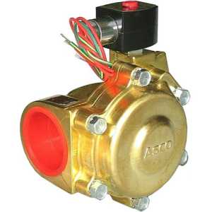 large brass solenoid valve with ASCO logo embossed on a round body, secured by six bolts; a small black coil with red cap sits on top with colored wires attached
