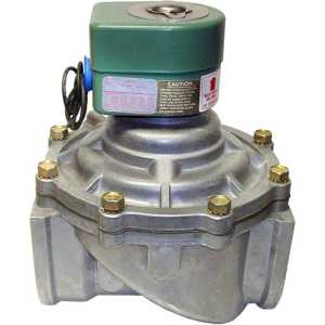 Industrial aluminum solenoid valve with a grey, finned body and a square green actuator on top, secured by brass bolts.