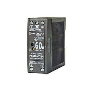 Compact black 60-watt power supply with ventilation slots and printed output labels
