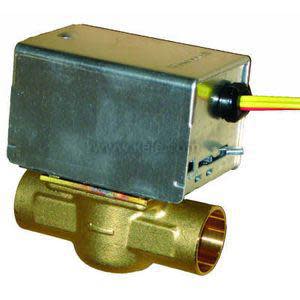 The image shows a compact brass valve with a silver rectangular actuator on top; a set of yellow wires protrudes from its side for control.