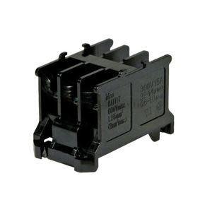 Rectangular black plastic contact block with three slots and printed specs.