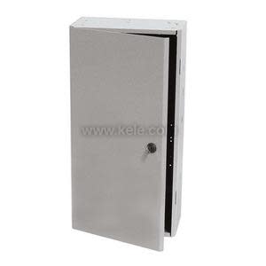 Tall grey metal cabinet with locking hinged door slightly ajar.