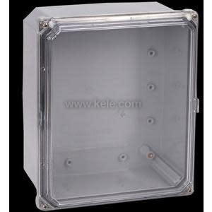 A gray plastic enclosure with a clear hinged front panel and visible mounting bosses inside, displayed on a dark background.
