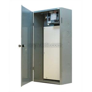 Tall gray electrical cabinet with door open revealing inner panel