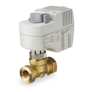 Golden valve with threaded ports and a grey rectangular top housing topped by a small grey wheel.