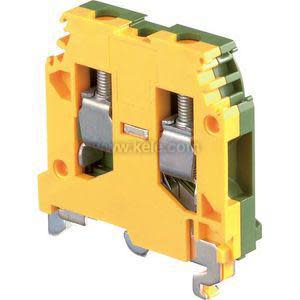 Small yellow and green terminal block for grounding on DIN rail