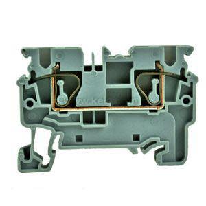 Grey terminal block cutaway with spring clamps and copper conductor.