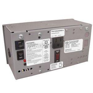 Rectangular grey control box with several switches, a red rocker switch, a black toggle switch and a built-in outlet on the front panel.