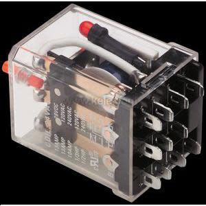 Transparent rectangular relay housing showing internal coil and multiple metal spade terminals