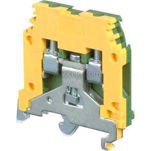 Yellow and green modular DIN rail terminal block with two screws and metal grounding clip at bottom.