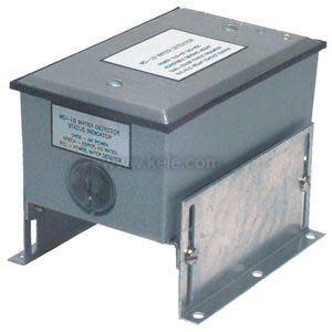 Rectangular gray metal enclosure with a lid and side mounting bracket for water leak detection system.