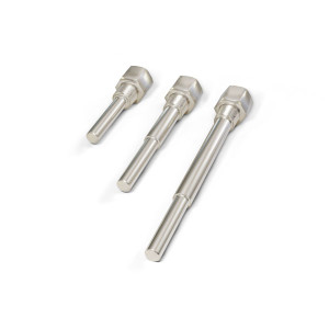 Three silver metal rod sensors of different lengths, each with a hexagonal threaded top for mounting