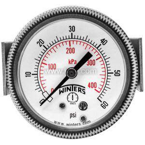 Compact analog pressure gauge by Winters showing up to 60 psi and 400 kilopascals on a white background with red and black markings.