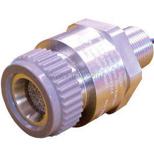 Short metal fitting with a hex body, threaded male end and a ribbed grey cap containing a mesh filter