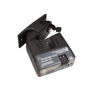 Black rectangular Hawkeye 900 sensor with hinged clamp for wire and integrated bracket.