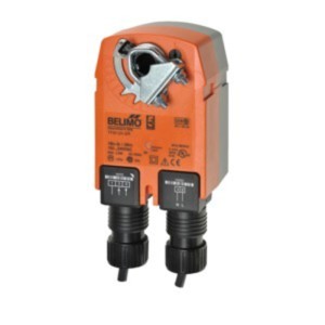 Orange rectangular Belimo actuator with rotary clamp mechanism and two black cable gland connectors.