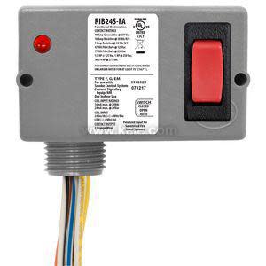 A rectangular gray device with a large red switch on the front, a small red indicator light, and several colored wires coming out of the bottom.