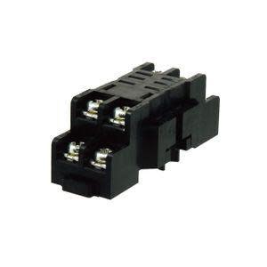 Black plastic relay socket with four shiny metal terminals and locking latch.