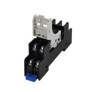 Black relay socket with blue release lever.
