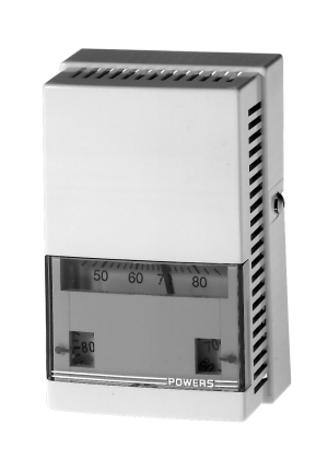 Rectangular thermostat enclosure with vertical side vents and a small window displaying a temperature scale behind protective plastic.