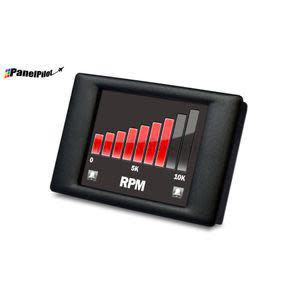 Small black rectangular display module with a color screen displaying a dial gauge and bar chart.
