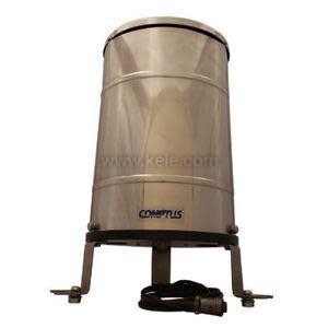 Grey cylindrical rain gauge with funnel top and output cable