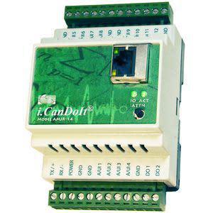 Small green control module labeled 'i.CanDoIt' with an RJ45 port, indicator LEDs and rows of screw terminals at both ends.