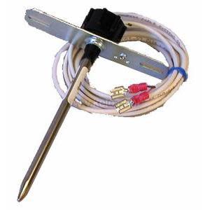 L-shaped silver metal bracket with a long cylindrical probe and a white cable ending in red plugs.