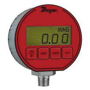 Red digital pressure gauge with LCD display, control buttons and threaded bottom.
