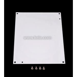 White rectangular panel with holes and screws.