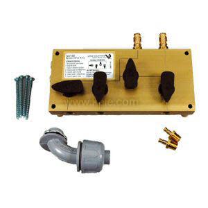 Yellow rectangular manifold with three black knobs, two brass ports, screws and separate grey elbow fitting