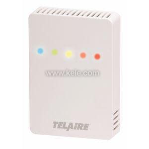 Compact white electronic sensor labeled “TELAIRE” with side vents and five colored LEDs on the front panel.