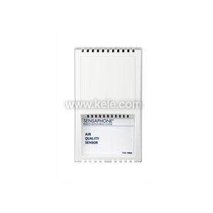 Tall white sensor device with ventilation slots at the top and bottom and a small label that reads air quality sensor.