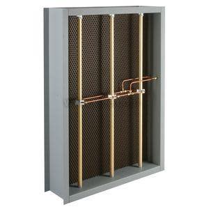 A gray frame with three copper pipes set against a dark perforated panel.