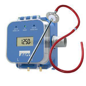 Blue device with digital display, ports and a long probe attached.