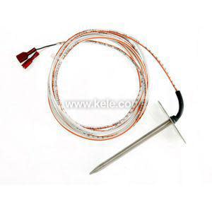 A stainless steel probe with a disc plate and a long coil of cable with red ends.