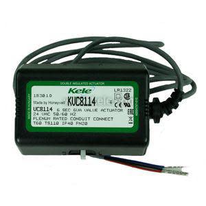 Compact black valve actuator with printed label and grey, red, blue wires