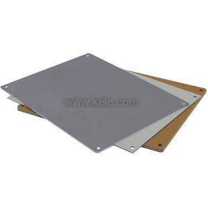 Three thin rectangular plates in different shades, stacked slightly offset, each with small holes at the corners.