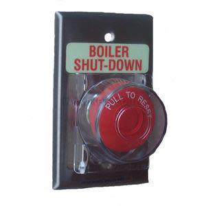 Wall-mounted emergency push-button station with clear protective cover and red button