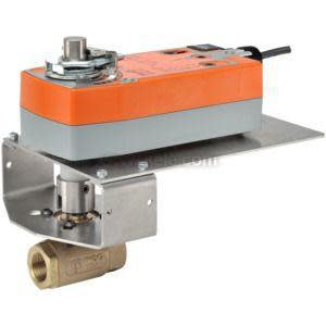 A brass valve body fitted with an orange rectangular motor and a grey metal bracket.