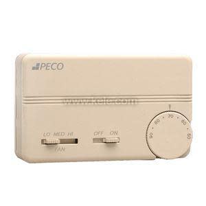 Beige rectangular thermostat with a round temperature dial and two sliding switches labeled fan and on/off.