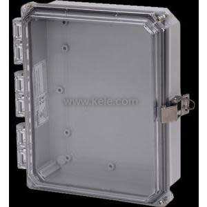 Grey box with clear hinged door and latch