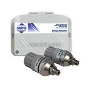 White rectangular multi‑sense pressure transmitter with blue Setra logo and two grey cylindrical pressure sensor modules with metal ports