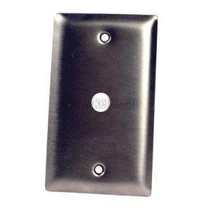 Brushed stainless wall plate with a single central hole and two mounting screw holes at top and bottom