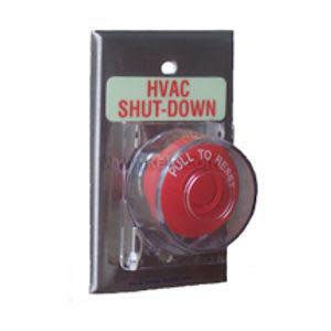 Panel-mounted red emergency button with clear cover and mounting plate