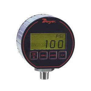 Circular digital pressure gauge with a black and red face, small screen showing “100” PSI and four small buttons below, with a threaded metal connector on the bottom.