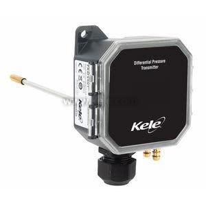 Square black pressure transmitter labeled Kele with a clear protective lid, brass pressure ports, and a slender metal sensing probe