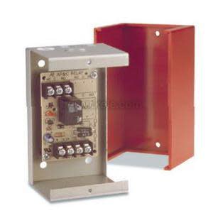 Black plastic enclosure with removable red cover exposing relays and terminals